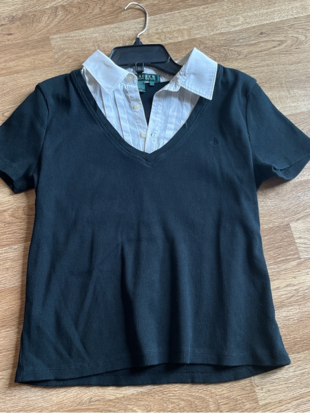 Ralph Lauren Black Short-Sleeve Layered-Look Top with White Shirt Collar